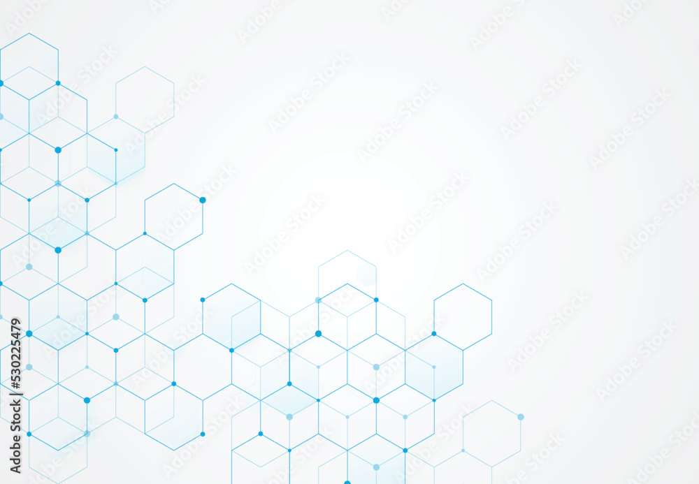 Wall mural abstract hexagonal molecular structures in technology background and science style. medical design. 