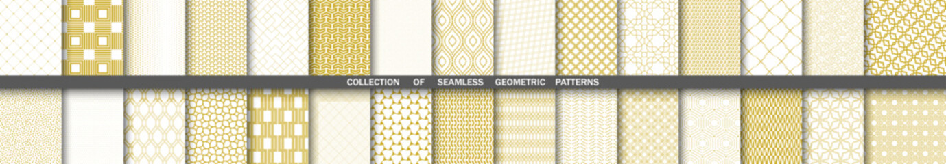 Set of vector seamless geometric patterns for your designs and backgrounds. Geometric golden and white ornament. Modern ornaments with repeating elements