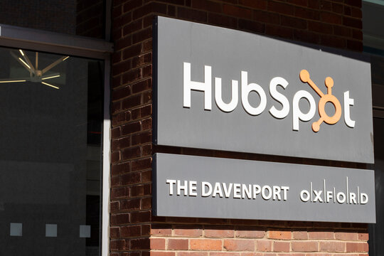 Cambridge, MA, USA - July 1, 2022: HubSpot logo is seen at the entrance to its headquarters in Cambridge, Massachusetts. HubSpot is a customer relationship management platform for scaling companies.