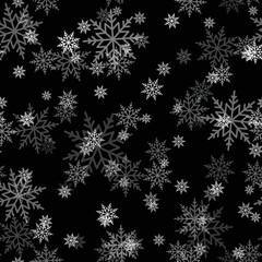 Naklejka na ściany i meble Xmas or New Year background with falling snowflakes isolated on black. Vector