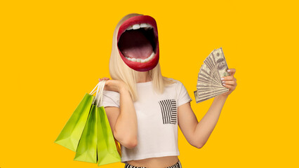 Contemporary art collage. Composition with young woman headed of female mouth holding shopping bag and money isolated on a yellow background