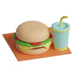 3d render delicious burger and cold drinks transparent icon isometric view