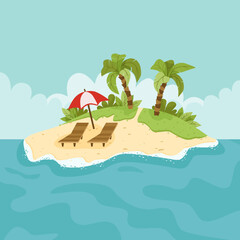 Fototapeta na wymiar A tropical island with palm trees and sun loungers.