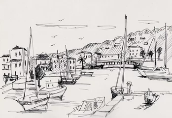 Foto op Plexiglas yachts on the pier in the port, sketch © krimzoya46