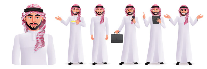 Arab man vector character set design. Saudi arabian male graphic collection in happy and serious facial expression for middle eastern business characters. Vector illustration.
 - obrazy, fototapety, plakaty