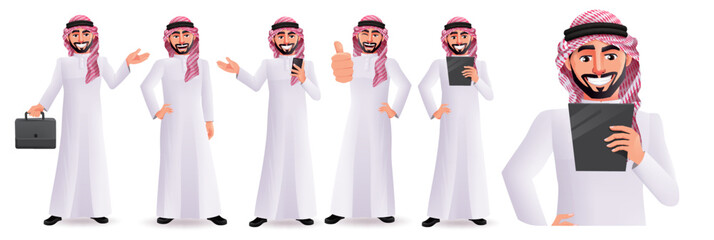 Saudi arabian man vector character set design. Arab male characters with standing, holding and thumbs up pose and gestures for business characters collection. Vector illustration.
