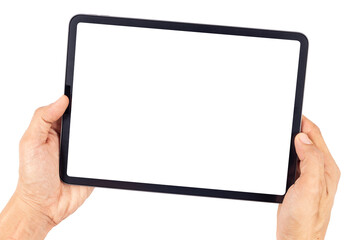Hand man holding tablet with mockup blank screen isolated on white background with clipping path - obrazy, fototapety, plakaty