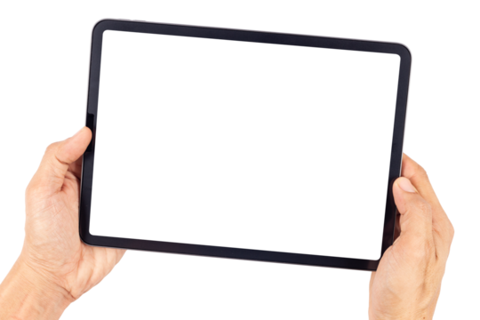 Hand man holding tablet with mockup blank screen isolated on white background with clipping path