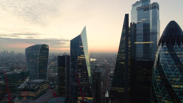 Cinematic aerial of central london skyscrapers in the City of London