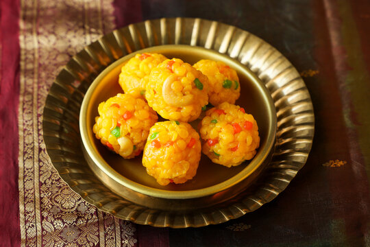 Motichoor Ladoo Rava Laddu Kesar besan boondi laddu Semolina Indian sweet dish mithai Diwali Dussehra Holi Ram Navmi Ganesh chaturthi Durga Pooja festival dessert snack Kerala Mumbai India Sri Lanka