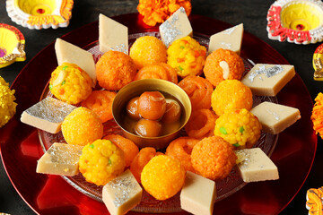 Diwali sweets Mango chum chum barfi petha Laddu Jalebi peda Indian sweet festival dish mithai...