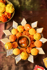 Diwali sweets Mango chum chum barfi petha Laddu Jalebi peda Indian sweet festival dish mithai...