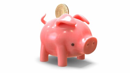 3D render of piggy bank with bitcoin on white