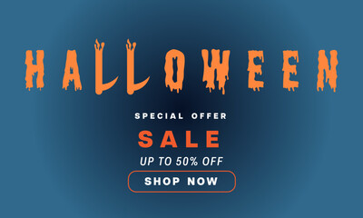 Fototapeta premium Halloween Horizontal Sale, 50% Discount Banner. Email marketing web banner. Black background banner with Spider, spider web, pumpkin. Halloween typography and calligraphy. Dark black banner illustrati
