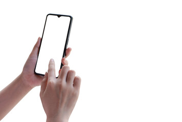 female hand with mobile phone on white background