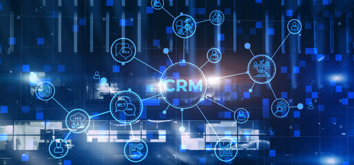 CRM. Customer Relationship Management on modern city background