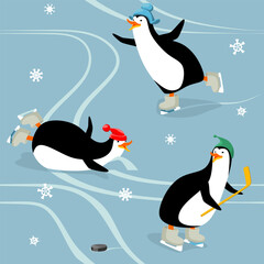 funny happy penguins are skating on ice. trendy seamless pattern
