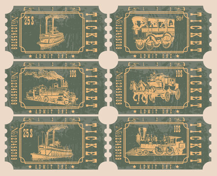 vector image of a set of vintage tickets for different retro transport