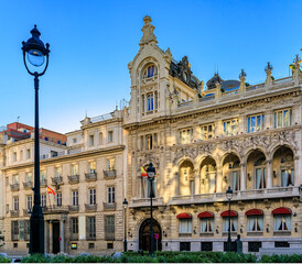 Fototapeta premium Ornate buildings near Gran Via, main shopping street in Madrid, Spain