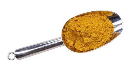Turmeric Powder on wooden spoon and wooden Bowl on white background, Curry Powder isolated on white...