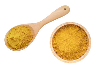 Turmeric Powder on wooden spoon and wooden Bowl on white background, Curry Powder isolated on white background With clipping path.