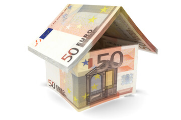 Haus-Symbol geform aus 50-Euro-Scheinen