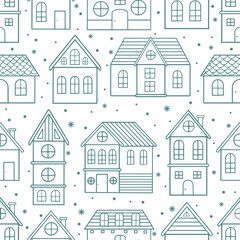 Seamless pattern with Christmas houses and Christmas tree. Great for fabric, textile vector illustration