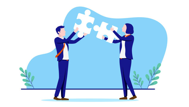 Businesspeople solving problem - Two people, businessman and businesswoman connecting puzzle pieces and finding solution. Flat design vector illustration with white background
