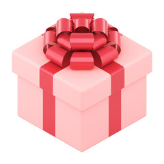 Pink square gift box. Realistic package with red festive ribbon and bow