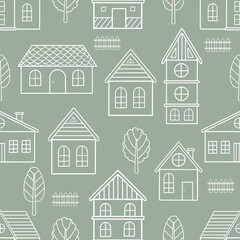 Seamless pattern of doodle houses. Great for fabric, textile vector illustration