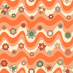 Groovy Waves and Daisy Flowers Seamless Pattern. Psychedelic Curved Vector Background in 1970s Hippie Retro Style