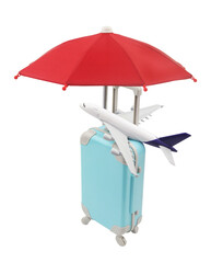 Airplane model on blue suitcase under red umbrella isolated on white background. Travel insurance concept.