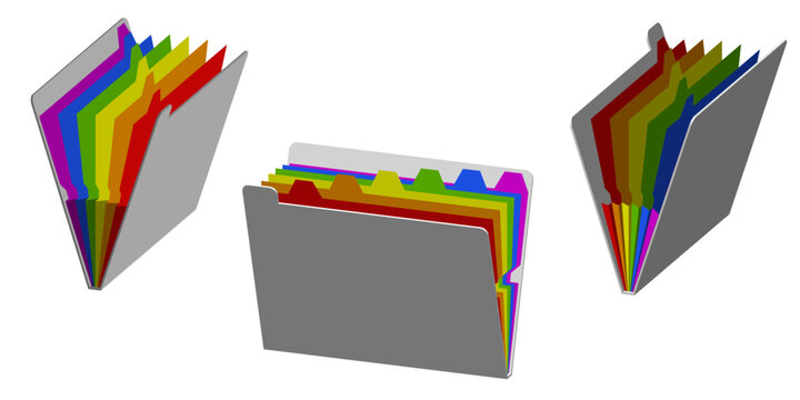 Opened colorful file folder. 3d Vector illustration. Dimetric projection.