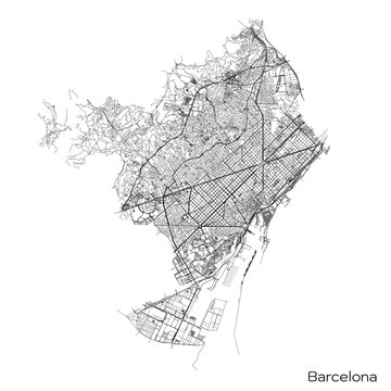 Barcelona city map with roads and streets, Spain. Vector outline illustration.