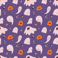 Halloween cute ghosts, pumpkins, candies seamless pattern. Happy holiday repeating print with funny kawaii phantoms. Kids vector texture design with funny spooky characters