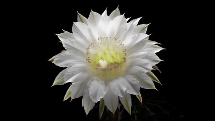 Time lapse footage of white cactus flower growing blossom from bud to full blossom isolated on black background, 4k front view video, close up b roll shot backlit effect.