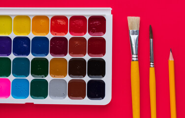 Watercolor paint set in plastic box. Brushes. Top view