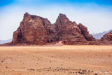 Sands and mountains of Wadi Rum desert in Jordan, beautiful daytime landscape