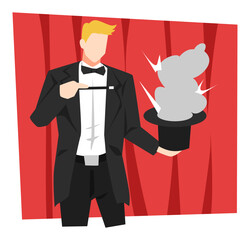 illustration of a handsome magician performing on stage. smoky magic hat. magic wand. magic concept, trick, profession, show, entertainment, etc. flat vector