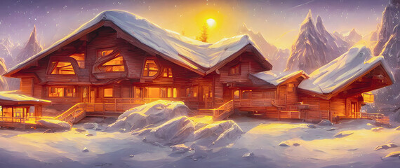 Fototapeta premium Artistic concept painting of a beautiful winter house, background illustration.
