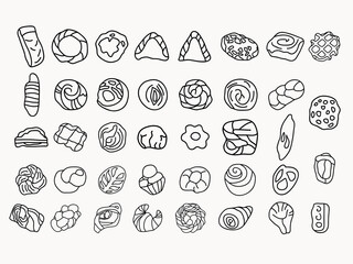 hand drawn bread outline icon set. bakery collection of simple outline signs. fresh baking symbol in line art style. isolated on white concept vector illustration