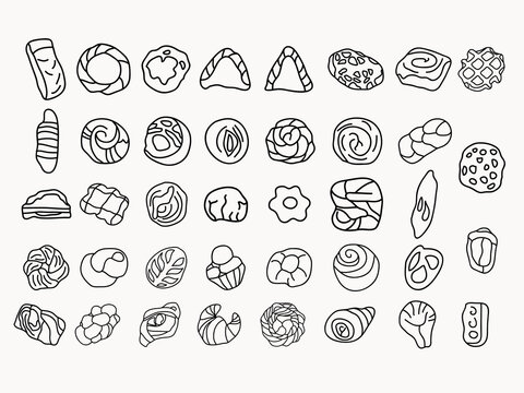 Hand Drawn Bread Outline Icon Set. Bakery Collection Of Simple Outline Signs. Fresh Baking Symbol In Line Art Style. Isolated On White Concept Vector Illustration