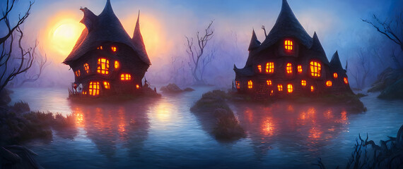 Artistic concept painting of a witch house, background illustration.