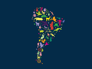 south America with landmarks. South America colorful cartoon doodle vector illustration