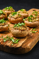 Closeup view of baked stuffed mushrooms