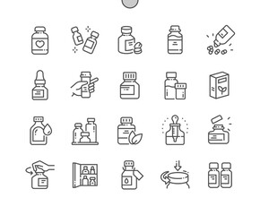 Medicine bottles. Pharmacy products. Health care and medical. Open bottle. Pixel Perfect Vector Thin Line Icons. Simple Minimal Pictogram