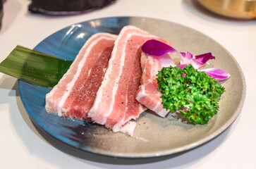 Raw pork belly on a plate and raw beef fat piled in volcano shape
