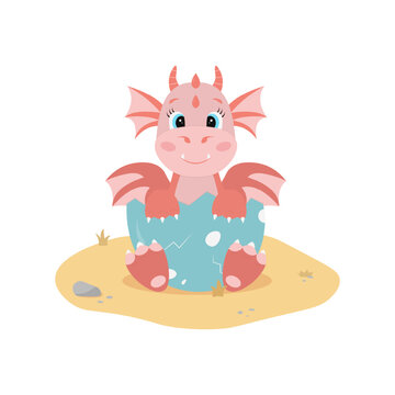 Red dragon in egg shell sitting on sand. Cute cartoon character in flat style. Vector illustration on white background.