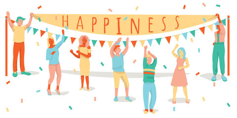 Group of dancing people with word HAPPINESS on white background