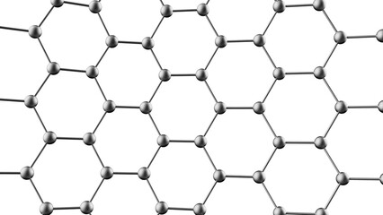 Obraz premium Spheres shredded into fine hexagonal atoms of metallic silver under white background. Concept 3D CG of high-precision strength analysis, blockchain information technology and social human relations.